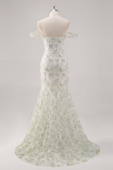 Mermaid White Green Flower Off The Shoulder Long Prom Dress